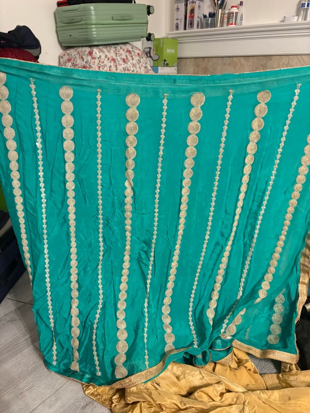 Teal Embroidered Panel with gold Punjabi shalwar suit